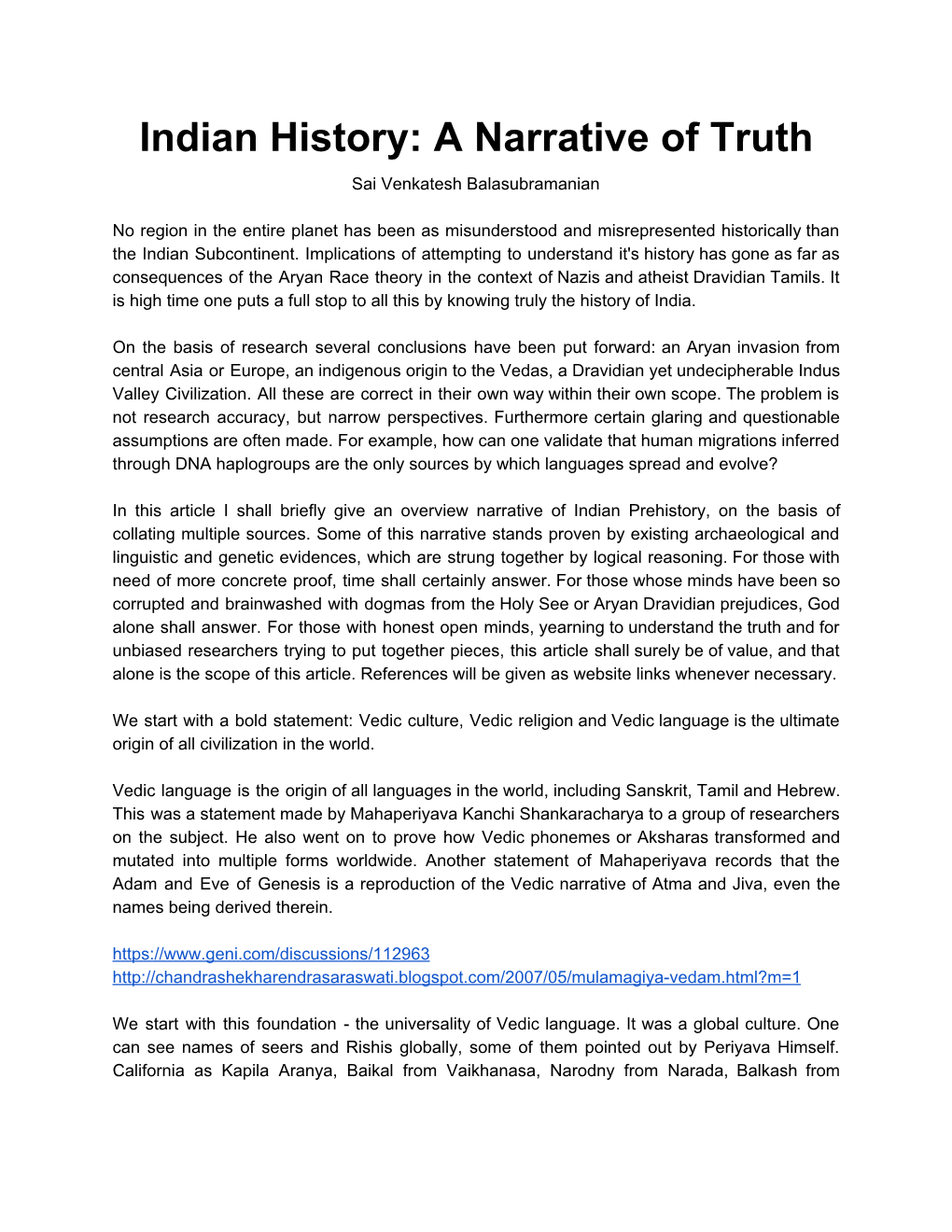 Indian History: a Narrative of Truth Sai Venkatesh Balasubramanian
