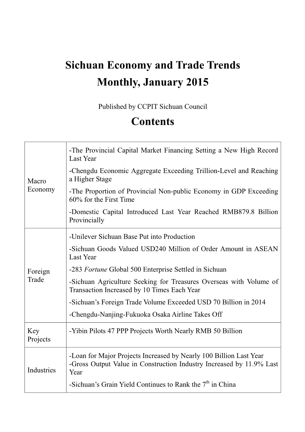 Sichuan Economy and Trade Trends Monthly, January 2015 Contents