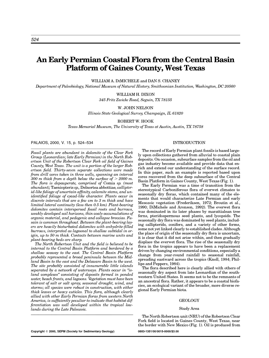 An Early Permian Coastal Flora from the Central Basin Platform of Gaines Couniy, West Texas