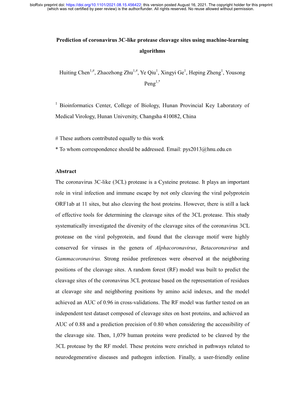 Prediction of Coronavirus 3C-Like Protease Cleavage Sites Using Machine-Learning Algorithms