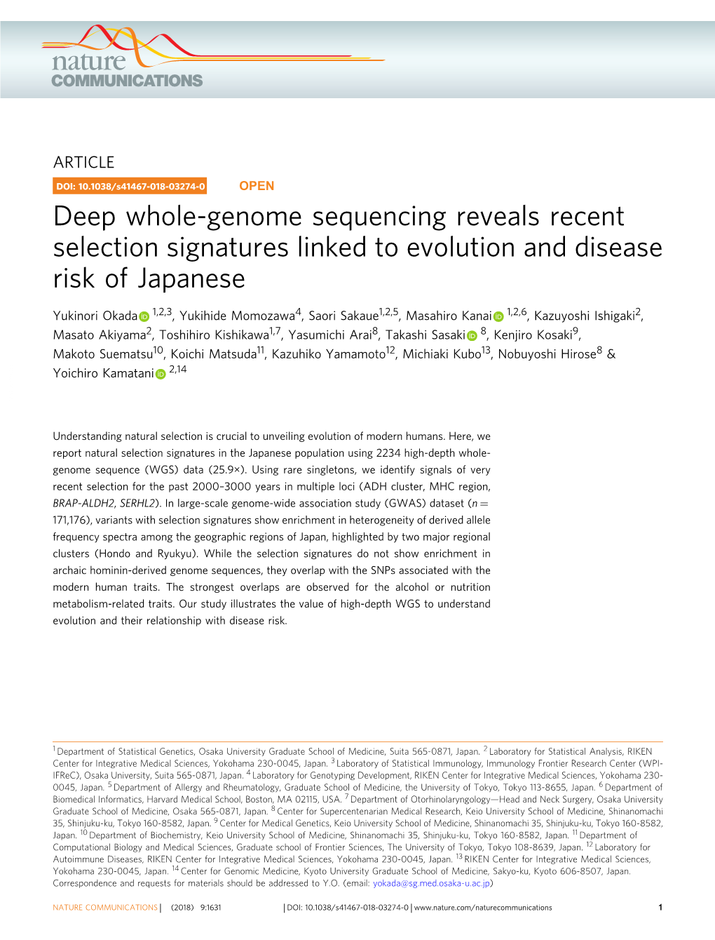 Deep Whole-Genome Sequencing Reveals Recent Selection Signatures Linked to Evolution and Disease Risk of Japanese