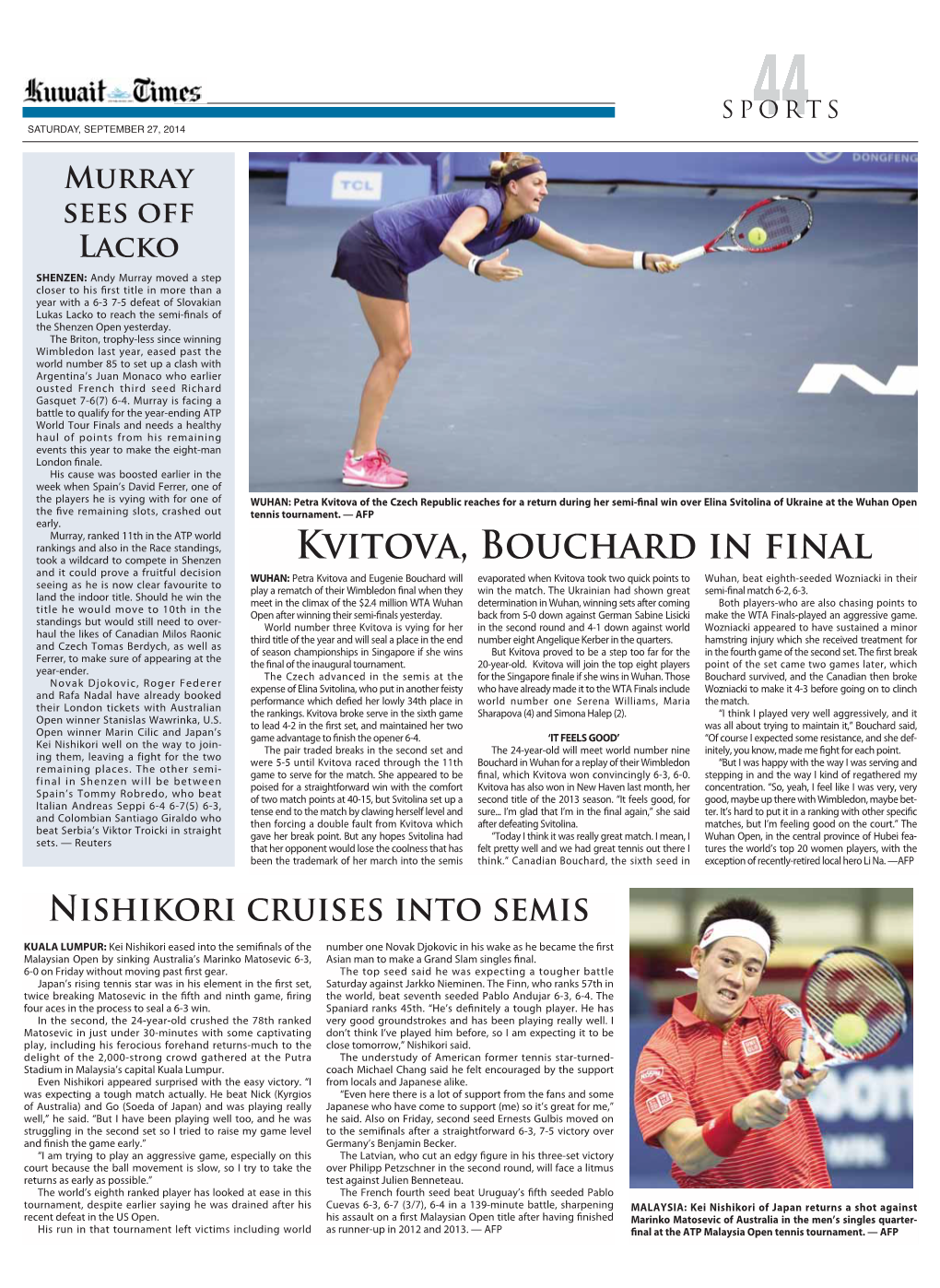 Kvitova, Bouchard in Final