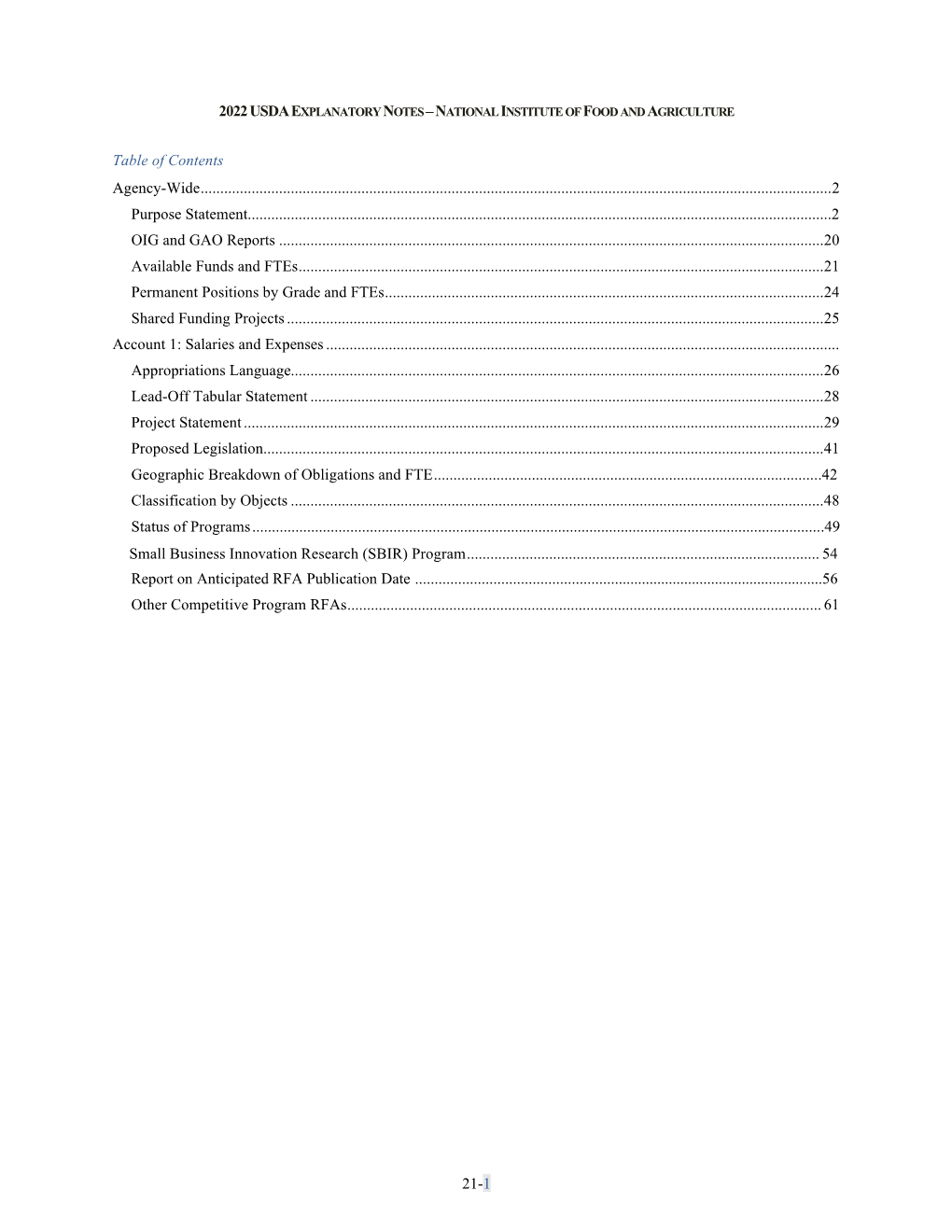 2022Usdaexplanatory Notes –National Institute of Food and Agriculture