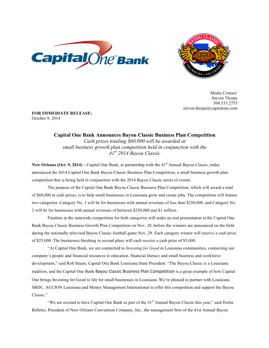 Capital One Bank Announces Bayou Classic Business Plan Competition