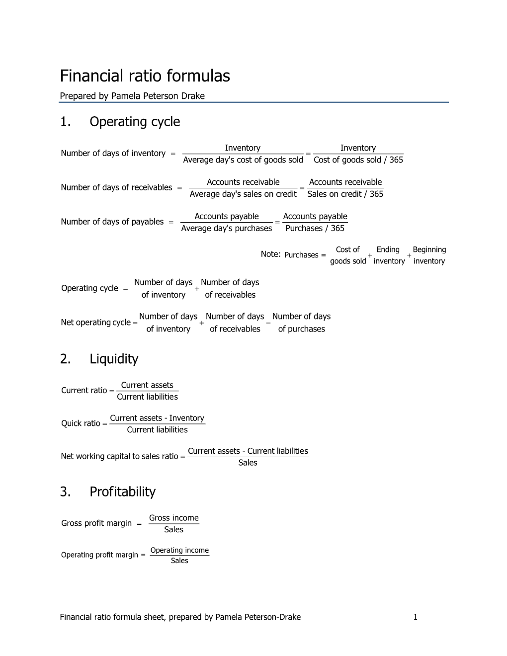 Financial Ratio Formulas Prepared by Pamela Peterson Drake