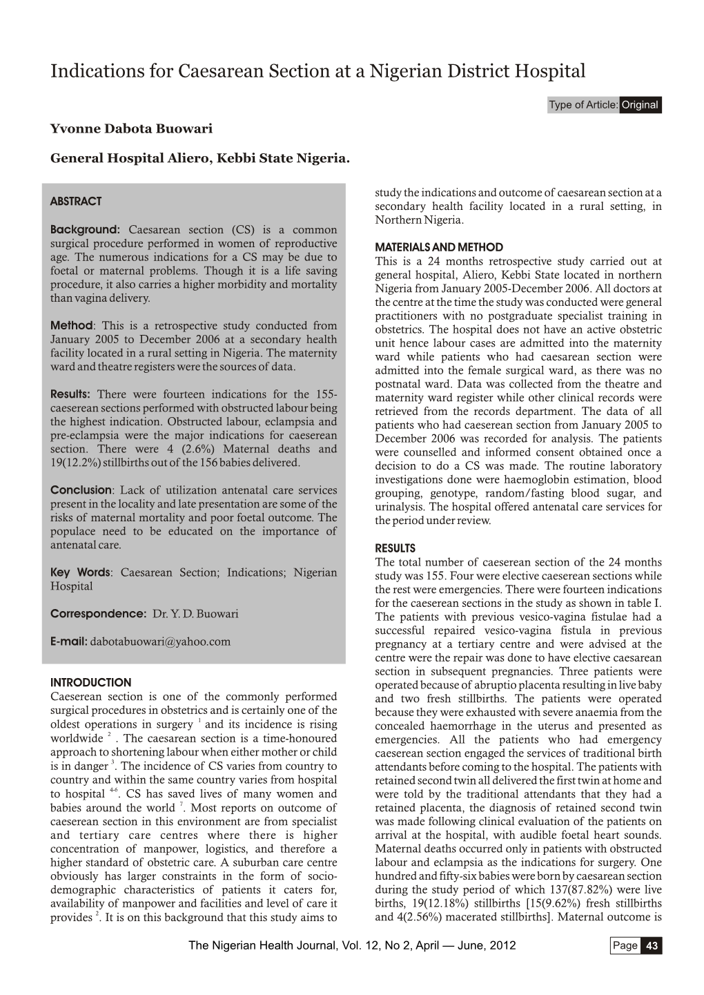 Indications for Caesarean Section at a Nigerian District Hospital