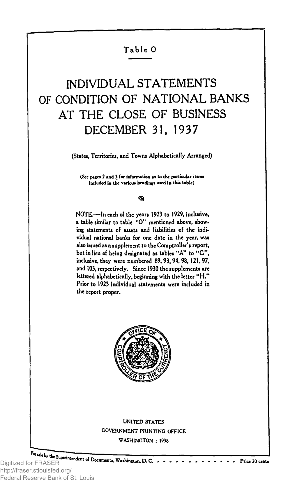 Individual Statements of Condition of National Banks at the Close of Business December 31, 1937