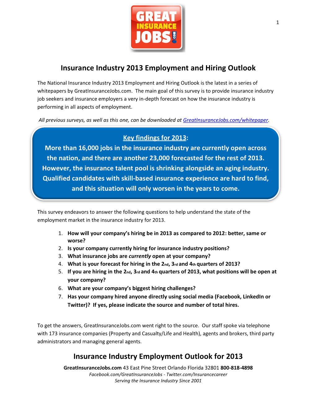 Insurance Industry 2013 Employment and Hiring Outlook