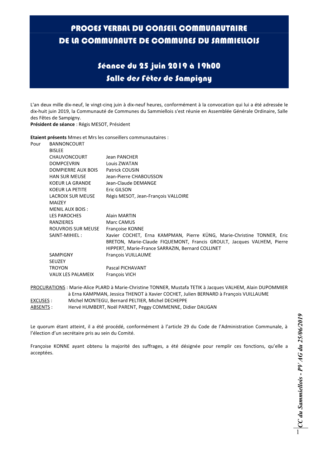 Proces Verbal Du Conseil Communautaire De La Communaute De Communes Du Sammiellois