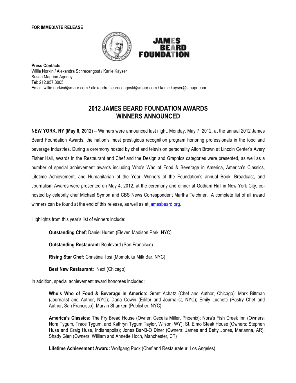 2012 James Beard Foundation Awards Winners Announced