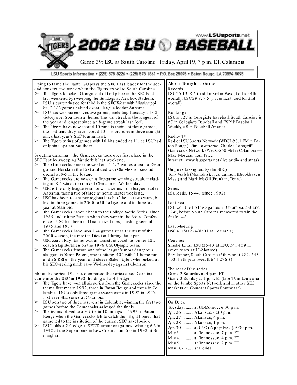 2002 LSU Baseball Individual Game-By-Game for LSU (Through Apr