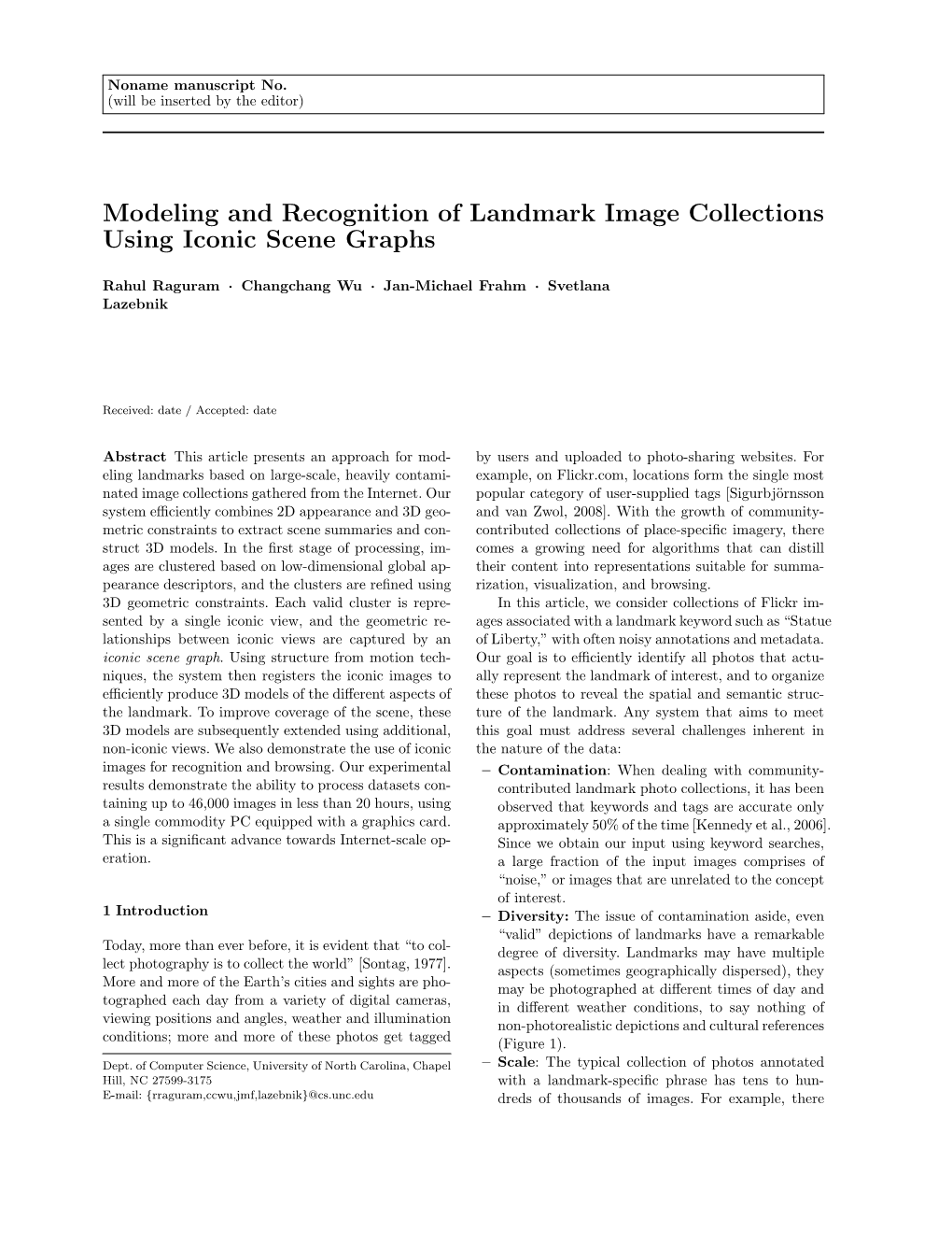 Modeling and Recognition of Landmark Image Collections Using Iconic Scene Graphs