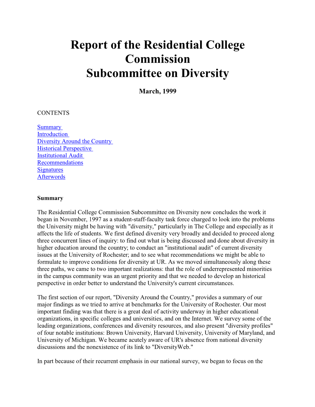 Report of the Residential College Commission Subcommittee on Diversity