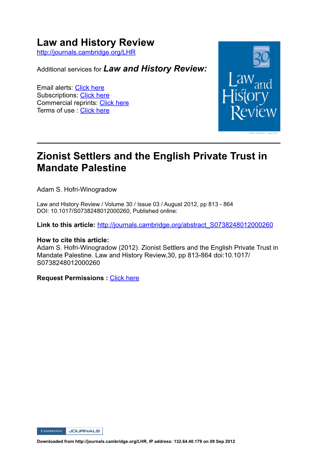 Law and History Review Zionist Settlers and the English Private