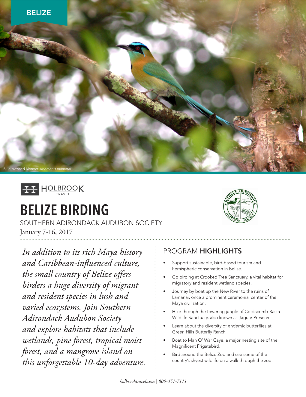 BELIZE BIRDING SOUTHERN ADIRONDACK AUDUBON SOCIETY January 7-16, 2017