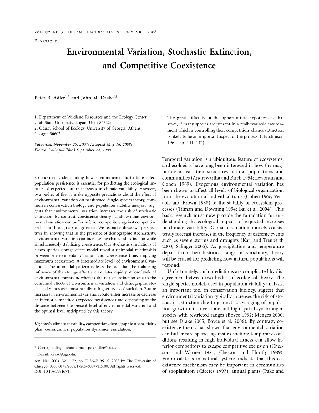 Environmental Variation, Stochastic Extinction, and Competitive Coexistence