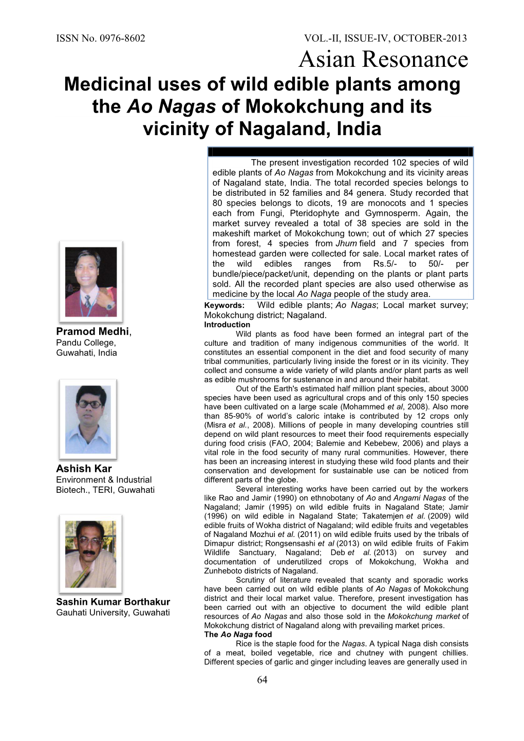 Medicinal Uses of Wild Edible Plants Among the Ao Nagas of Mokokchung and Its Vicinity of Nagaland, India