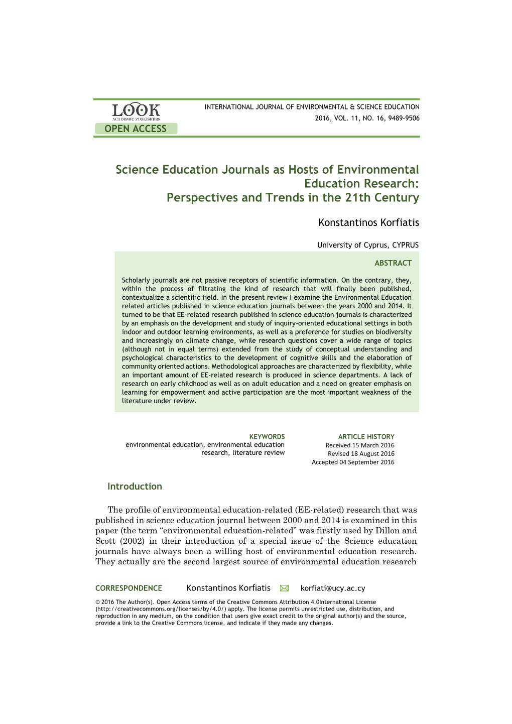 Science Education Journals As Hosts of Environmental Education Research: Perspectives and Trends in the 21Th Century