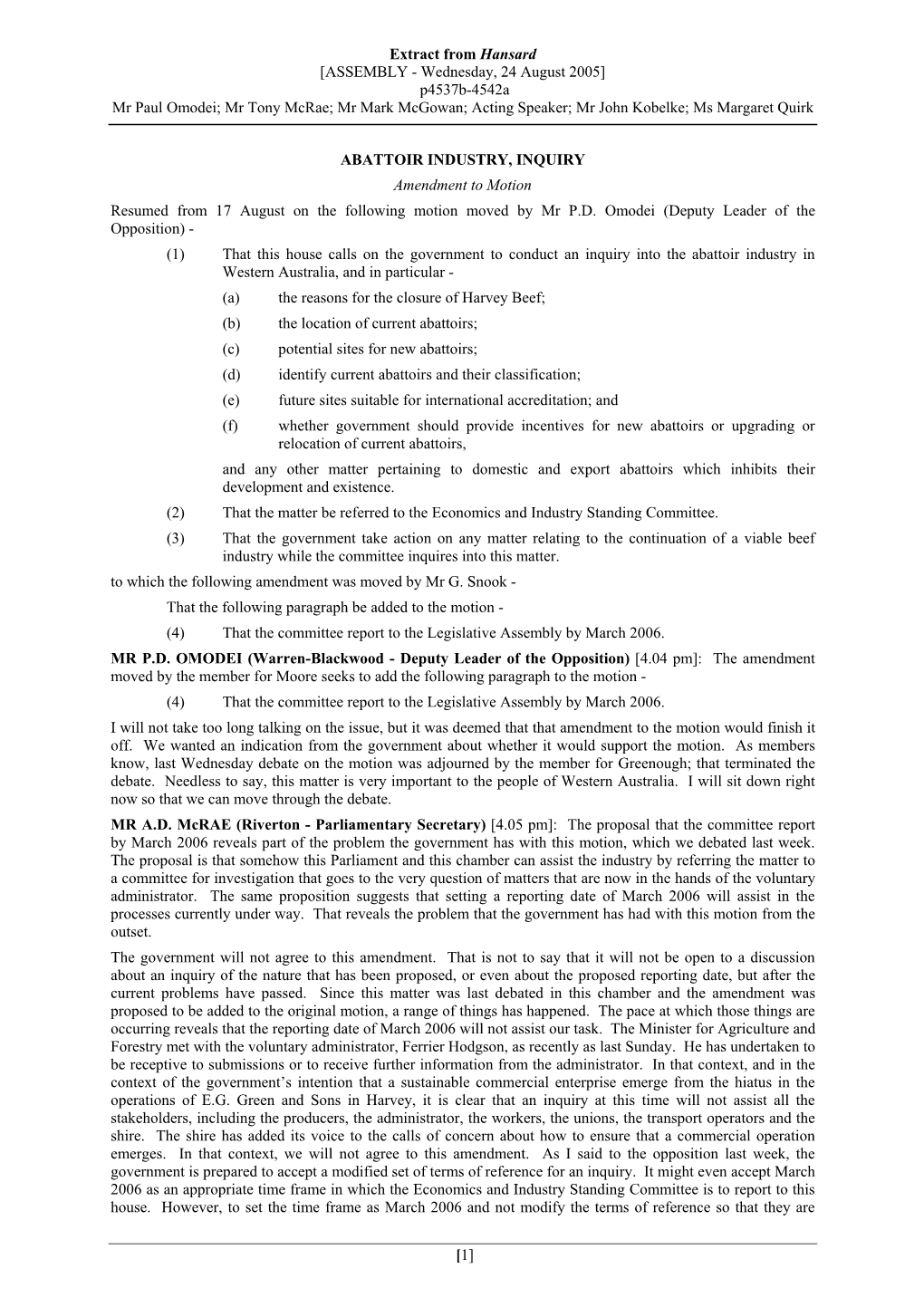 P4537b-4542A Mr Paul Omodei; Mr Tony Mcrae; Mr Mark Mcgowan; Acting Speaker; Mr John Kobelke; Ms Margaret Quirk