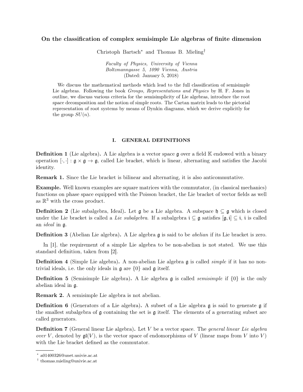 On the Classification of Complex Semisimple Lie Algebras of Finite Dimension