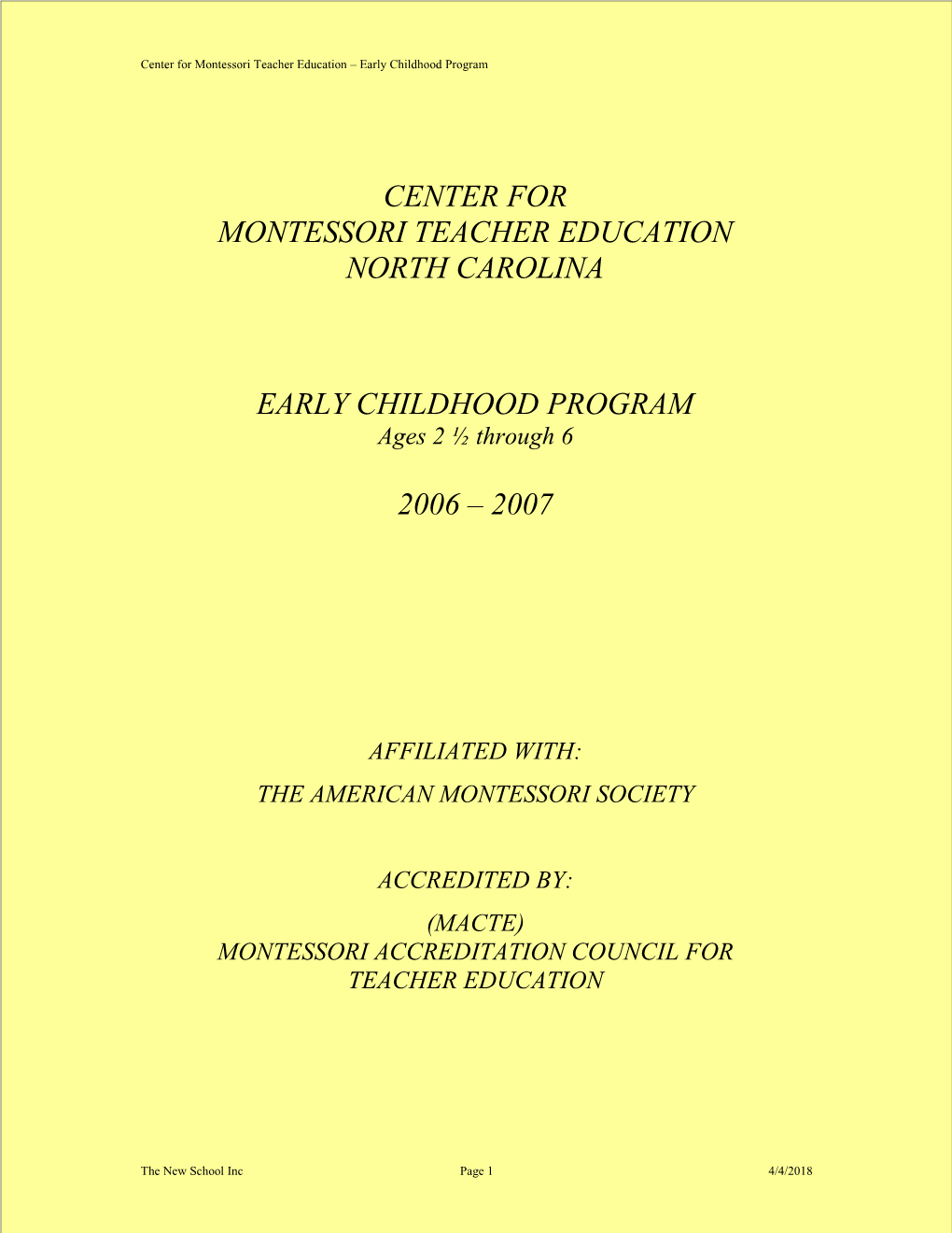 Center for Montessori Teacher Education Early Childhood Program