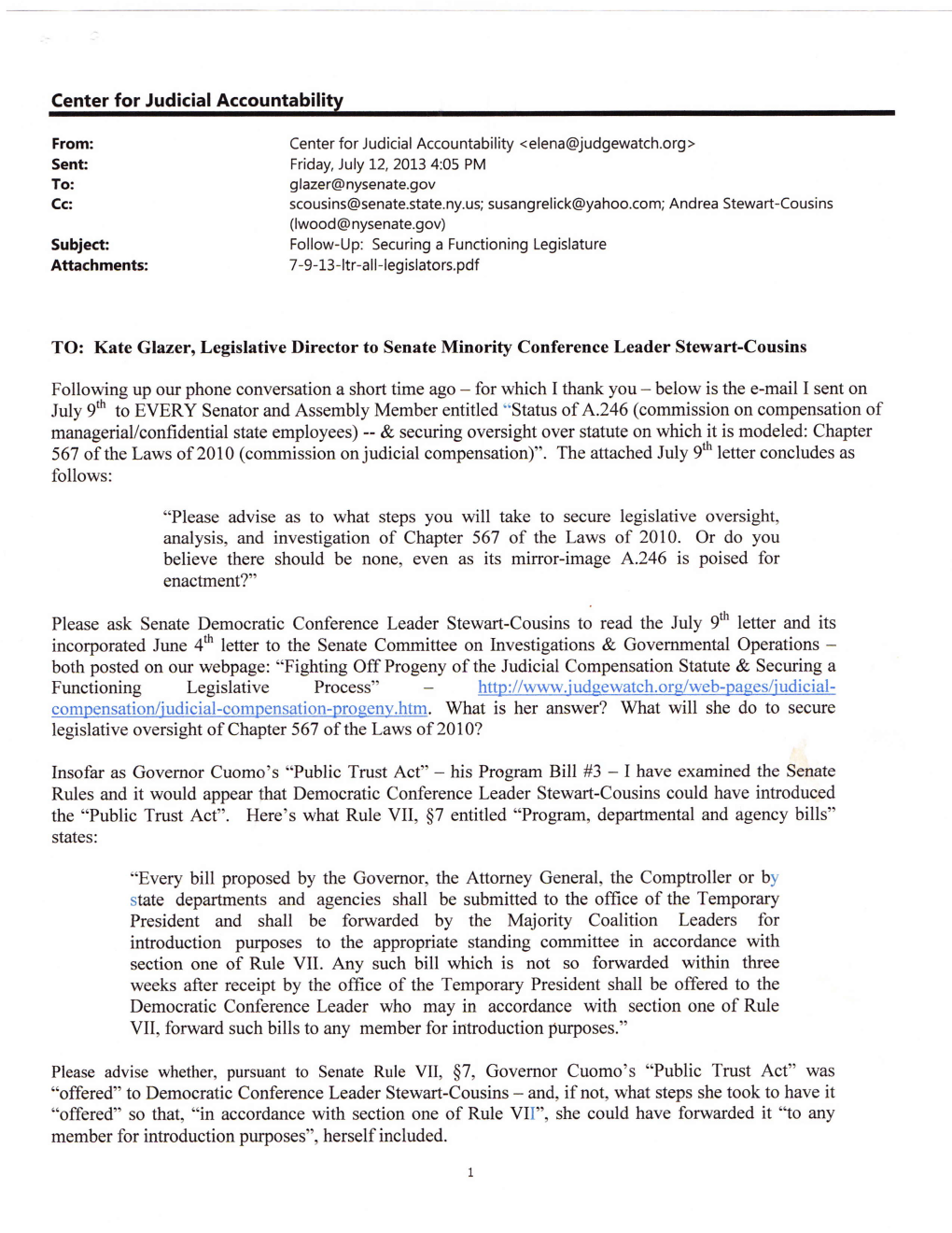 CJA's July 12, 2013 E-Mail to Senate Minority Leader Stewart-Cousins