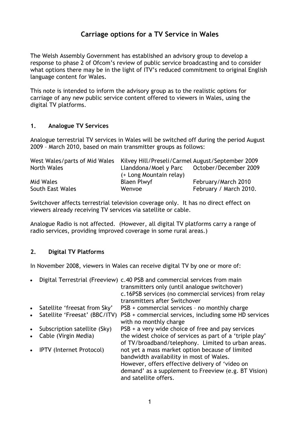 Carriage Options for a TV Service in Wales