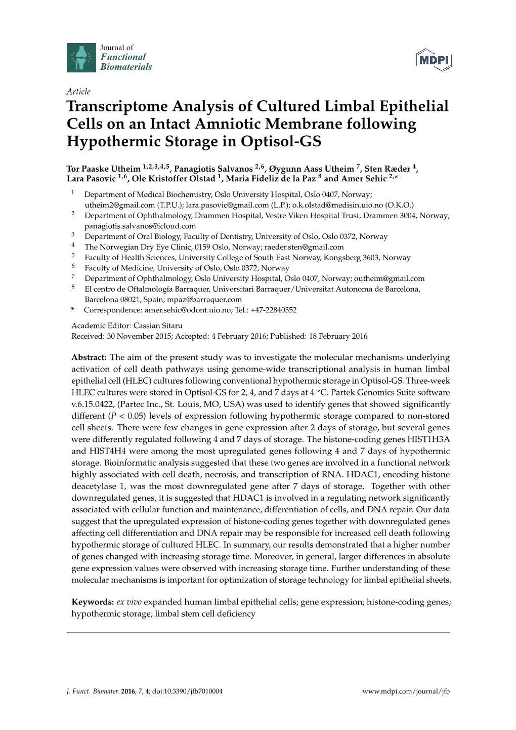 Transcriptome Analysis of Cultured Limbal Epithelial Cells on an Intact Amniotic Membrane Following Hypothermic Storage in Optisol-GS