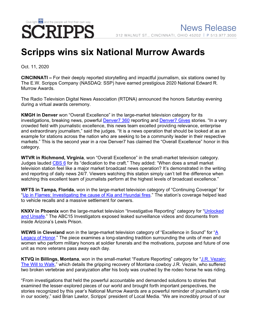 Scripps Wins Six National Murrow Awards