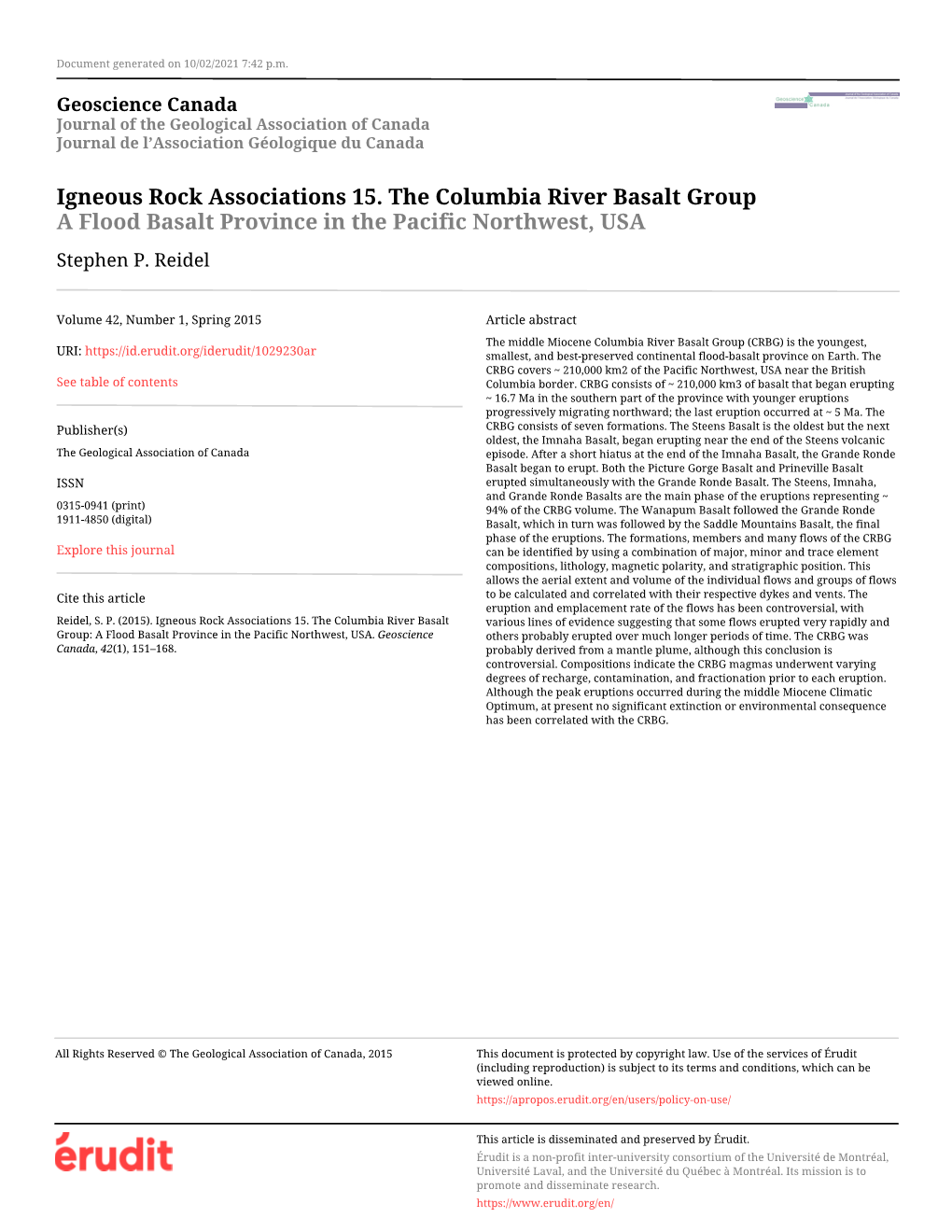 Igneous Rock Associations 15. the Columbia River Basalt Group a Flood Basalt Province in the Pacific Northwest, USA Stephen P