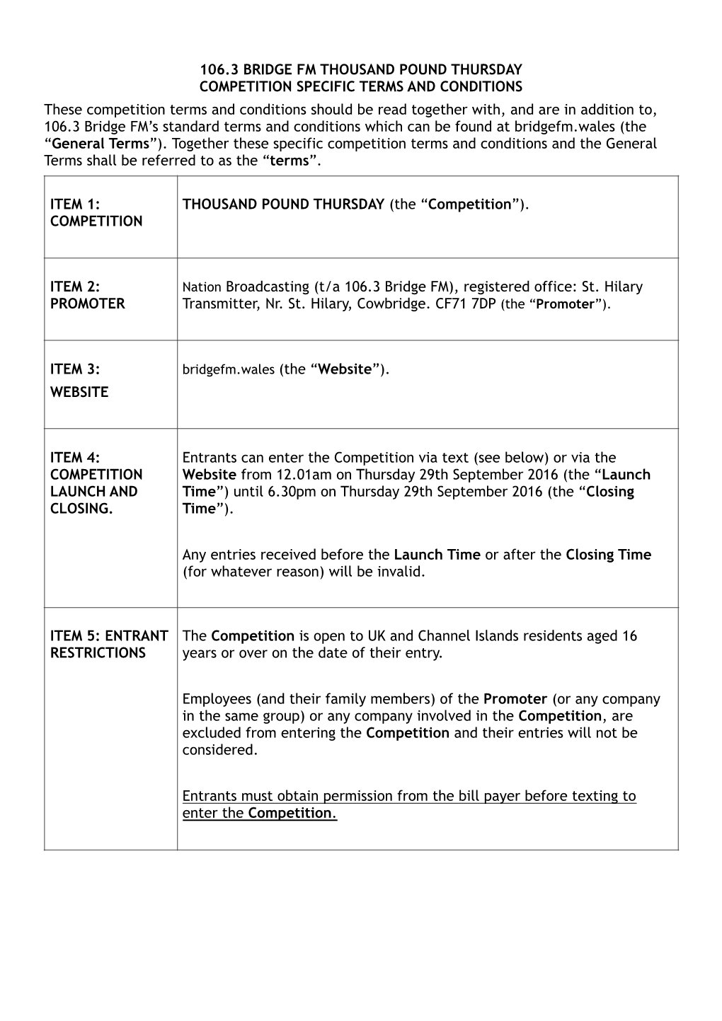 106.3 Bridge FM T&Cs For