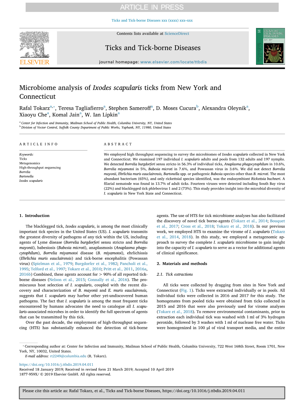 Microbiome Analysis of Ixodes Scapularis Ticks from New York and Connecticut ⁎ Rafal Tokarza, , Teresa Tagliaﬁerroa, Stephen Sameroﬀa, D