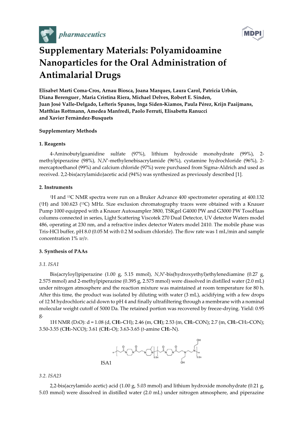 Supplementary Materials: Polyamidoamine Nanoparticles for the Oral Administration of Antimalarial Drugs
