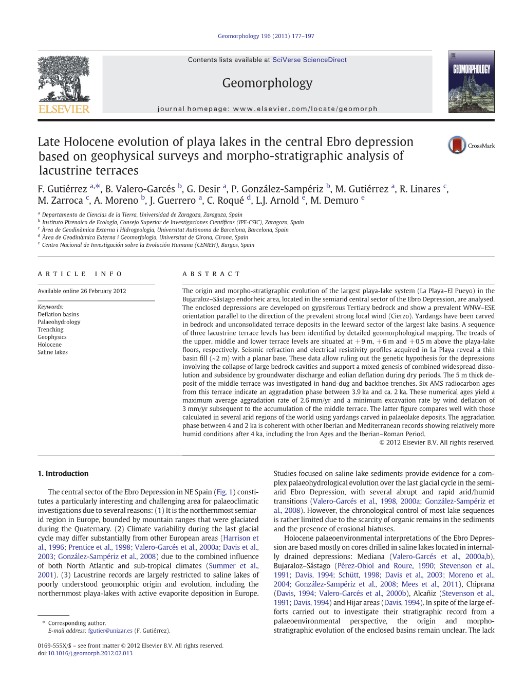 Late Holocene Evolution of Playa Lakes in the Central Ebro Depression Based on Geophysical Surveys and Morpho-Stratigraphic Analysis of Lacustrine Terraces F