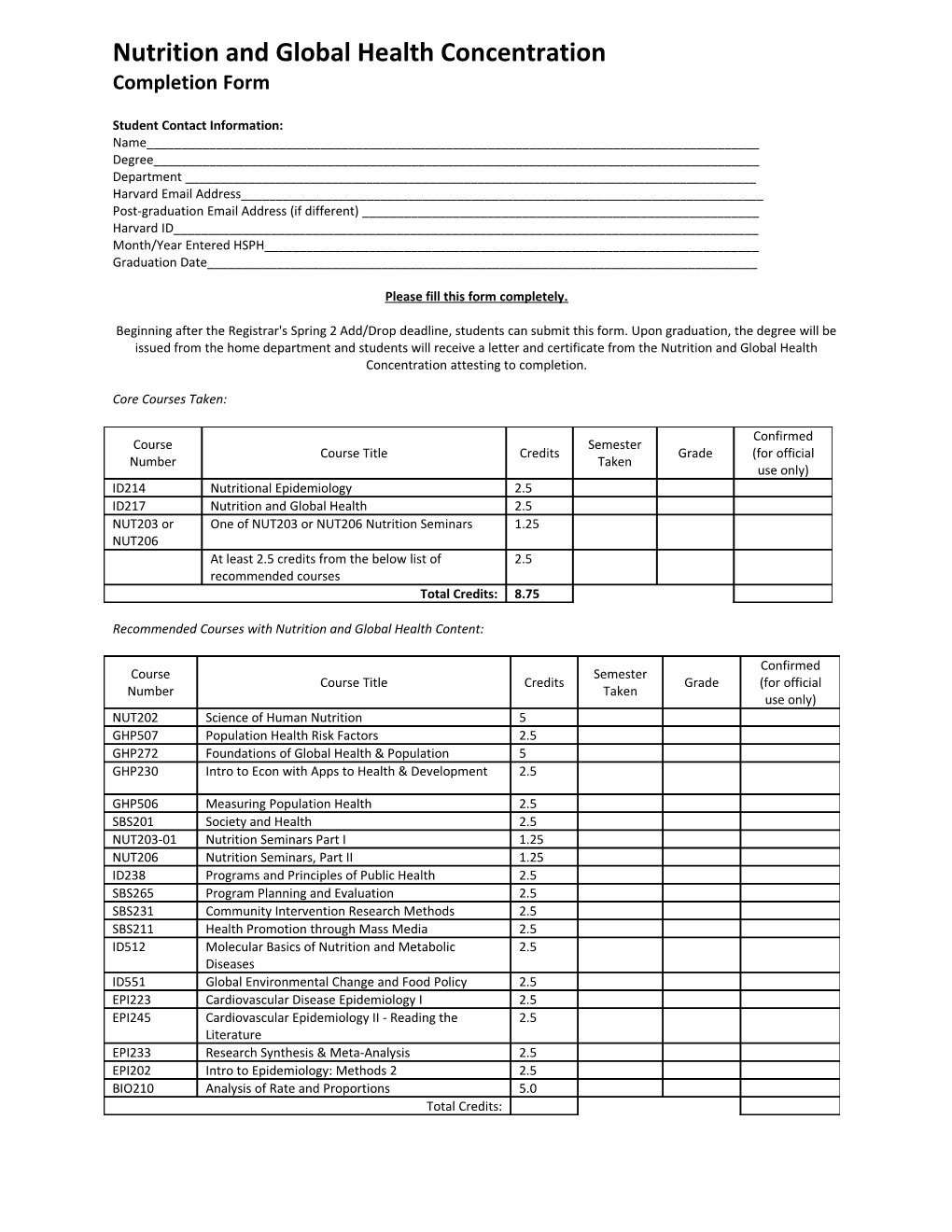 Student Contact Information