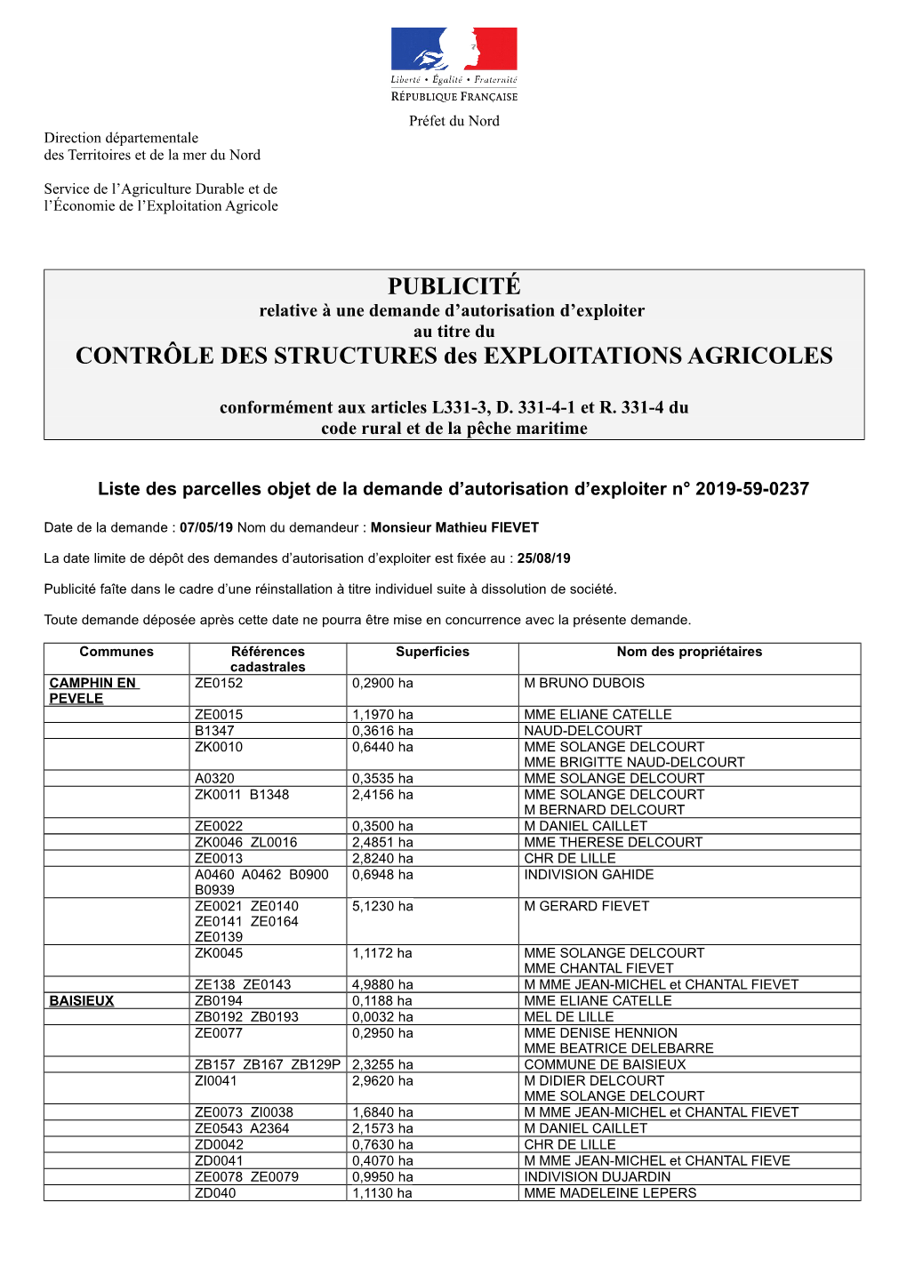 PUBLICITÉ CONTRÔLE DES STRUCTURES Des EXPLOITATIONS AGRICOLES