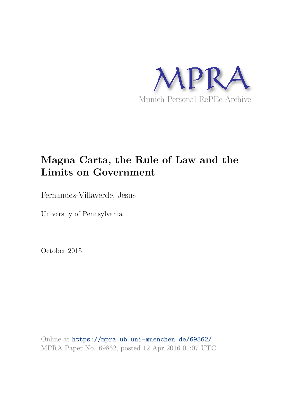 Magna Carta, the Rule of Law and the Limits on Government