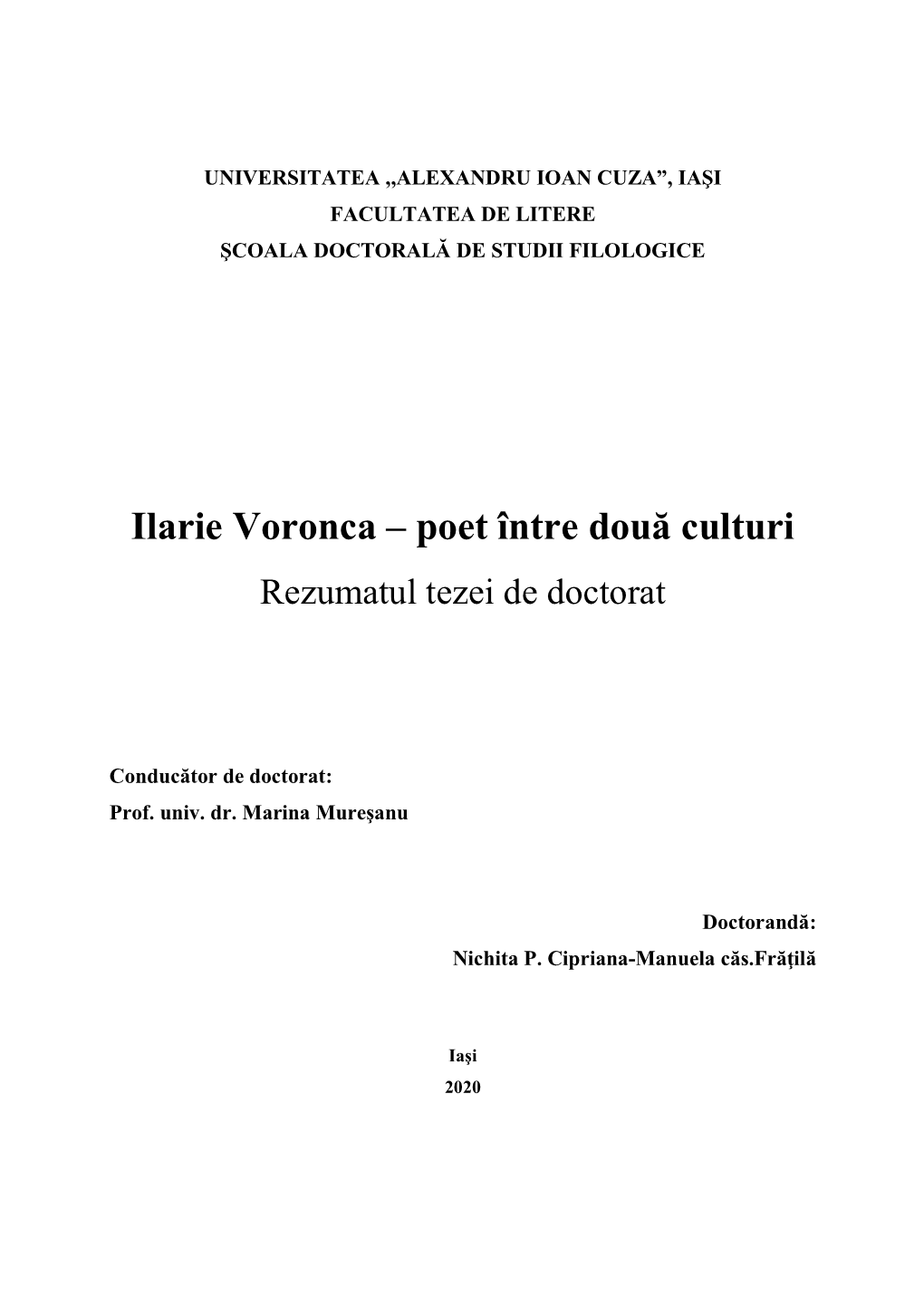 Ilarie Voronca – Poet Între Două Culturi Rezumatul Tezei De Doctorat