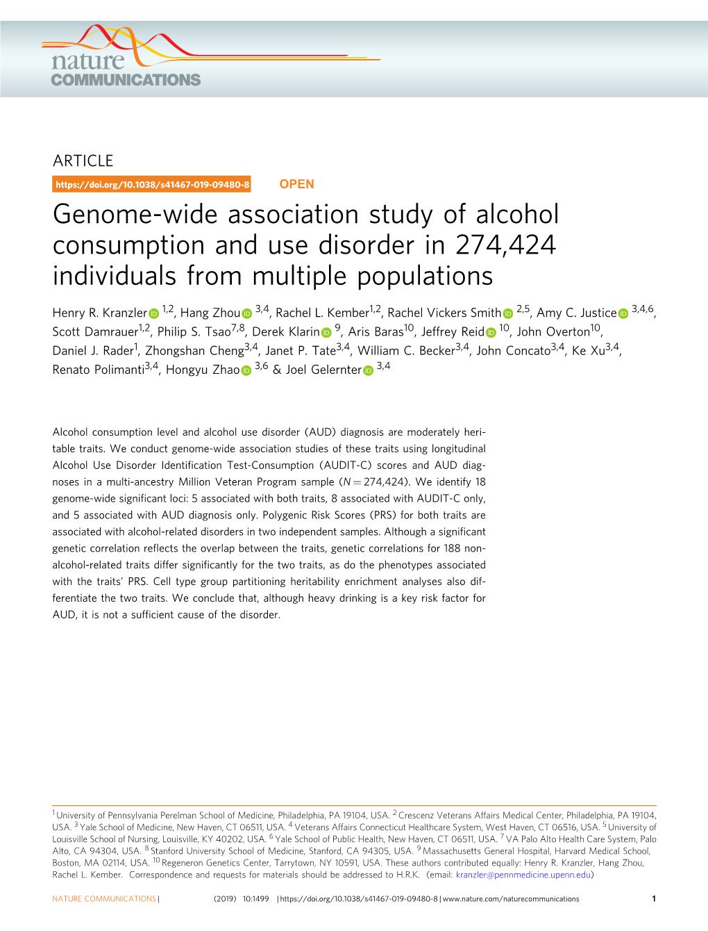 Genome-Wide Association Study of Alcohol Consumption and Use Disorder in 274,424 Individuals from Multiple Populations