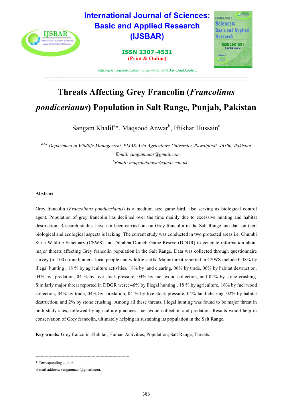 Francolinus Pondicerianus) Population in Salt Range, Punjab, Pakistan