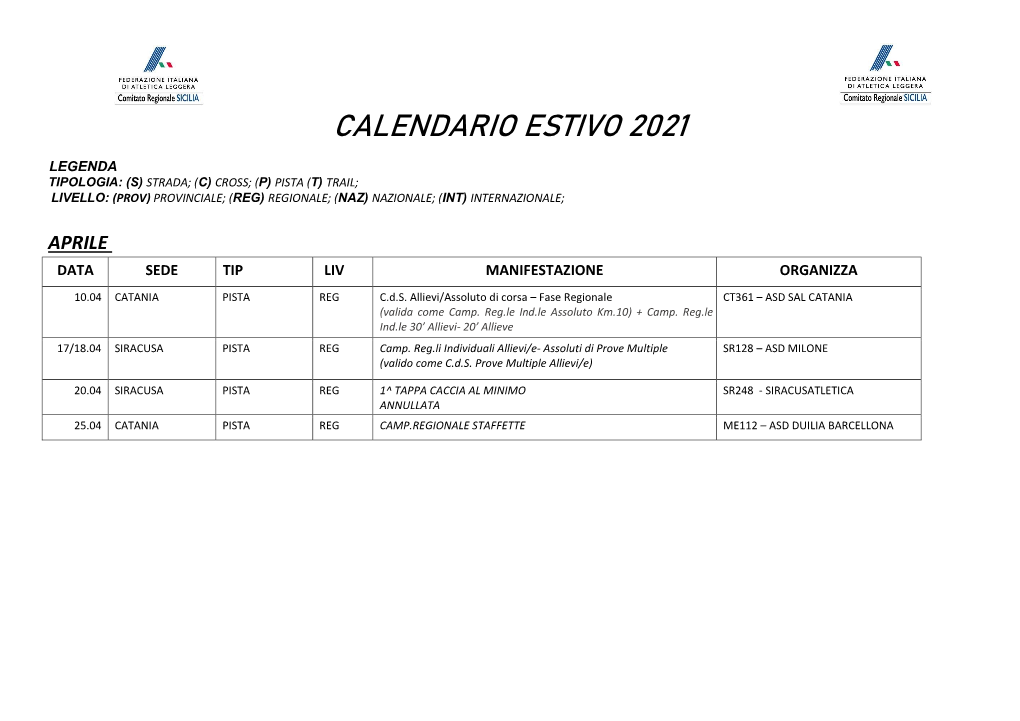 Calendario Estivo 2021