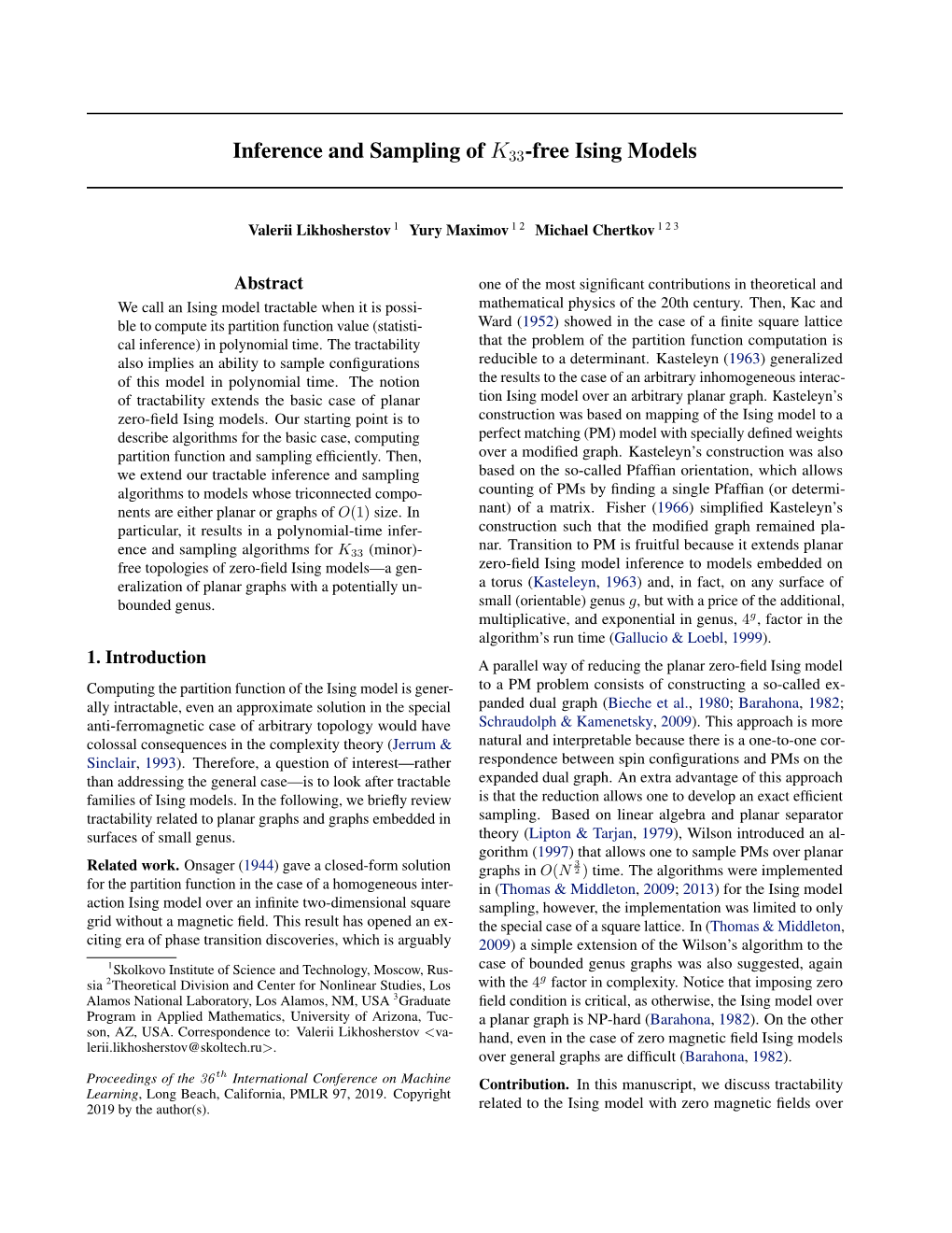 Inference and Sampling of K33-Free Ising Models