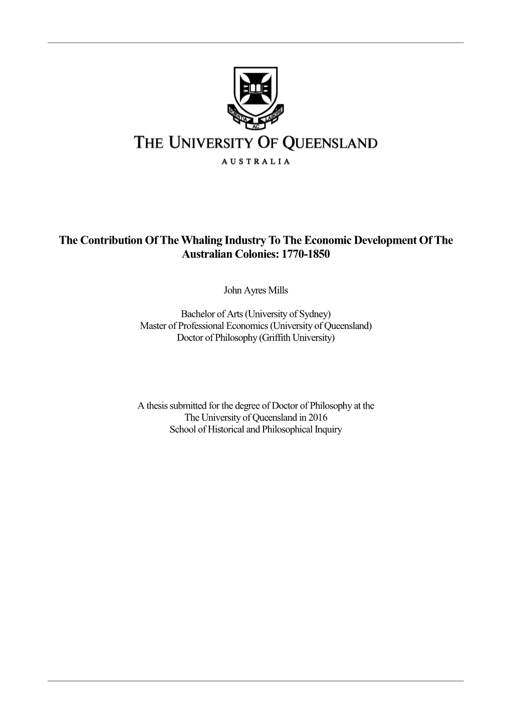 The Contribution of the Whaling Industry to the Economic Development of the Australian Colonies: 1770-1850