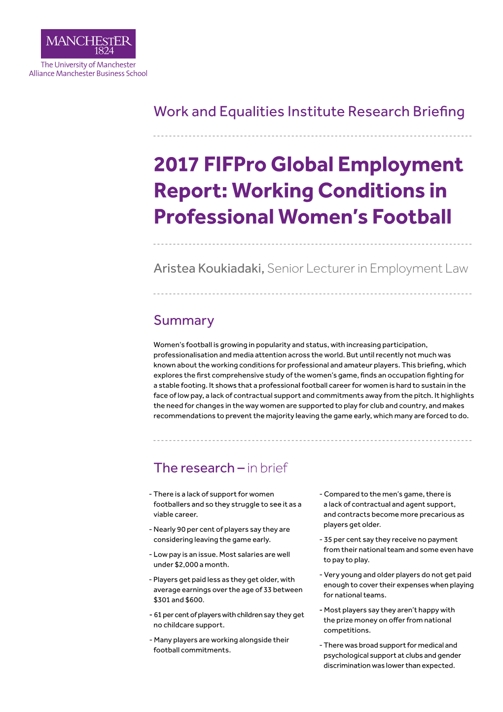 2017 Fifpro Global Employment Report: Working Conditions in Professional Women’S Football