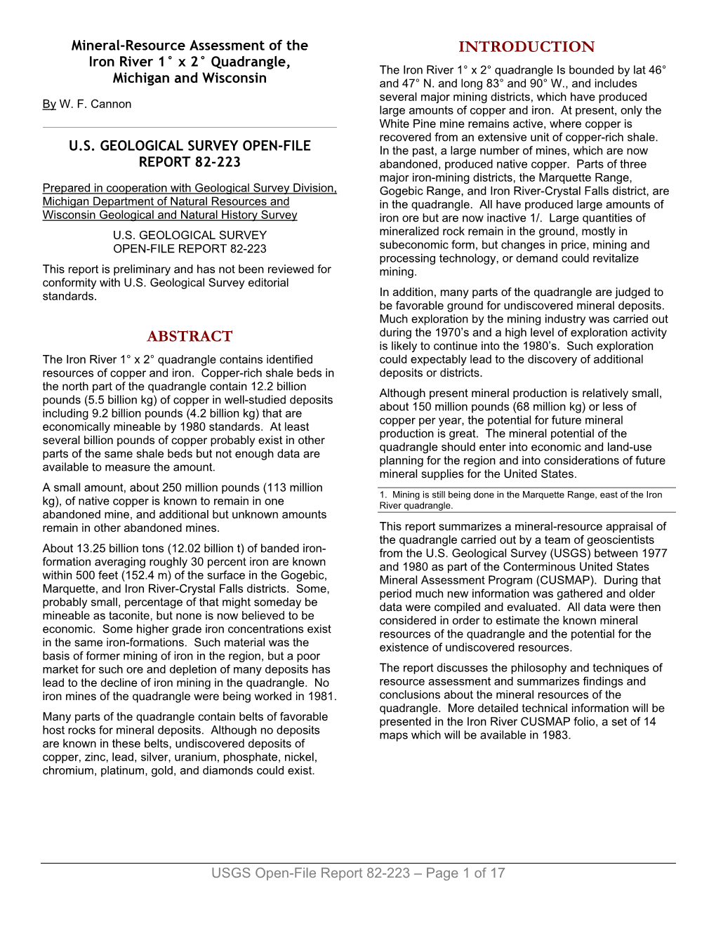 Mineral-Resource Assessment of the Iron River 1° X 2° Quadrangle