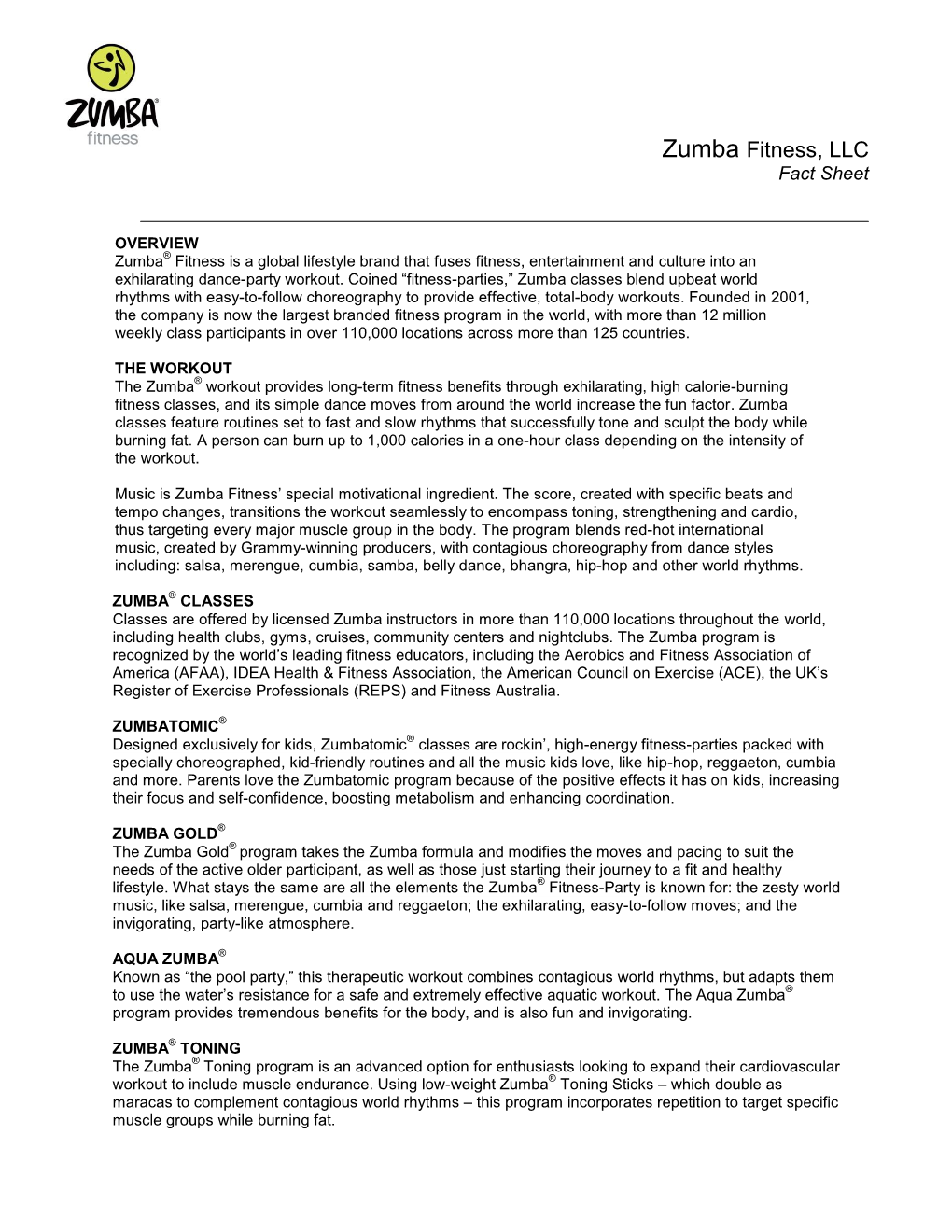 Zumba Fitness, LLC Fact Sheet