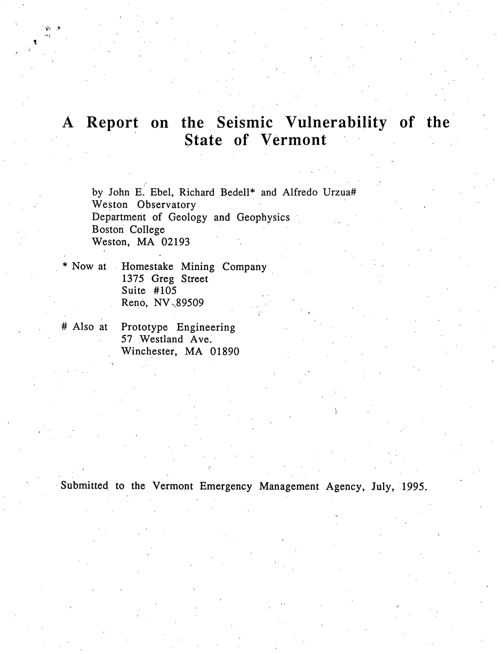 A Report on the Seismic Vulnerability of Vermont, J. Ebel, 1995