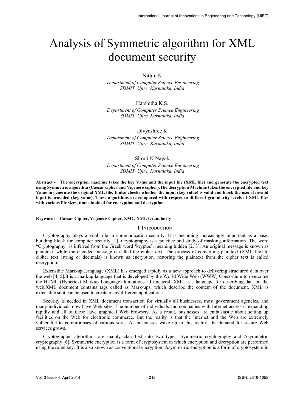 Analysis of Symmetric Algorithm for XML Document Security