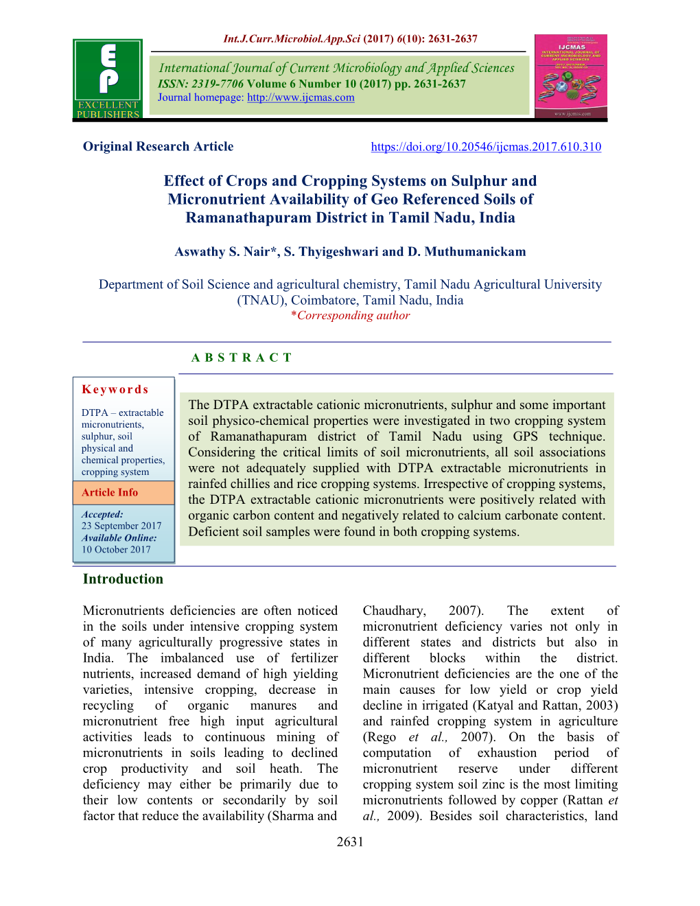 Effect of Crops and Cropping Systems on Sulphur and Micronutrient Availability of Geo Referenced Soils of Ramanathapuram District in Tamil Nadu, India