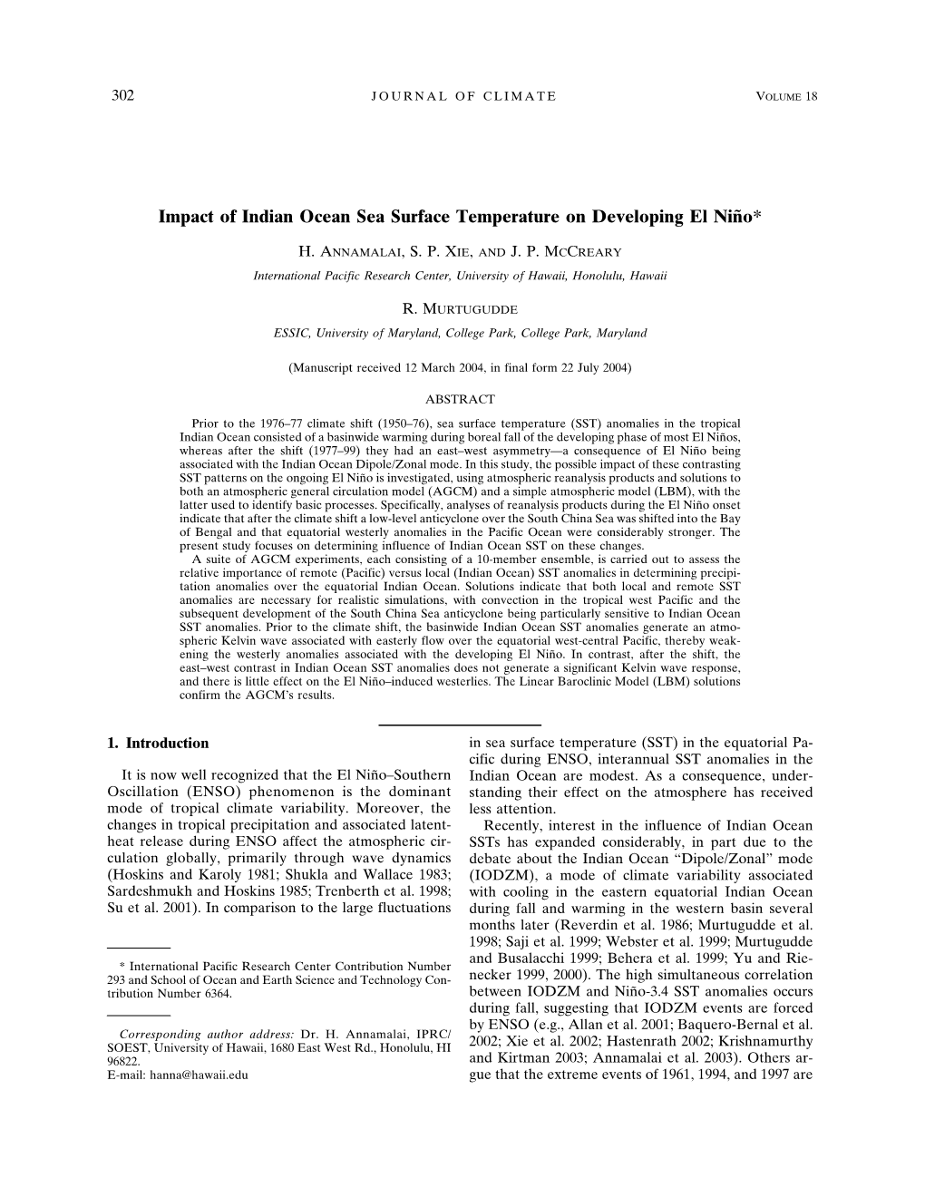 Impact of Indian Ocean Sea Surface Temperature on Developing El Niño*